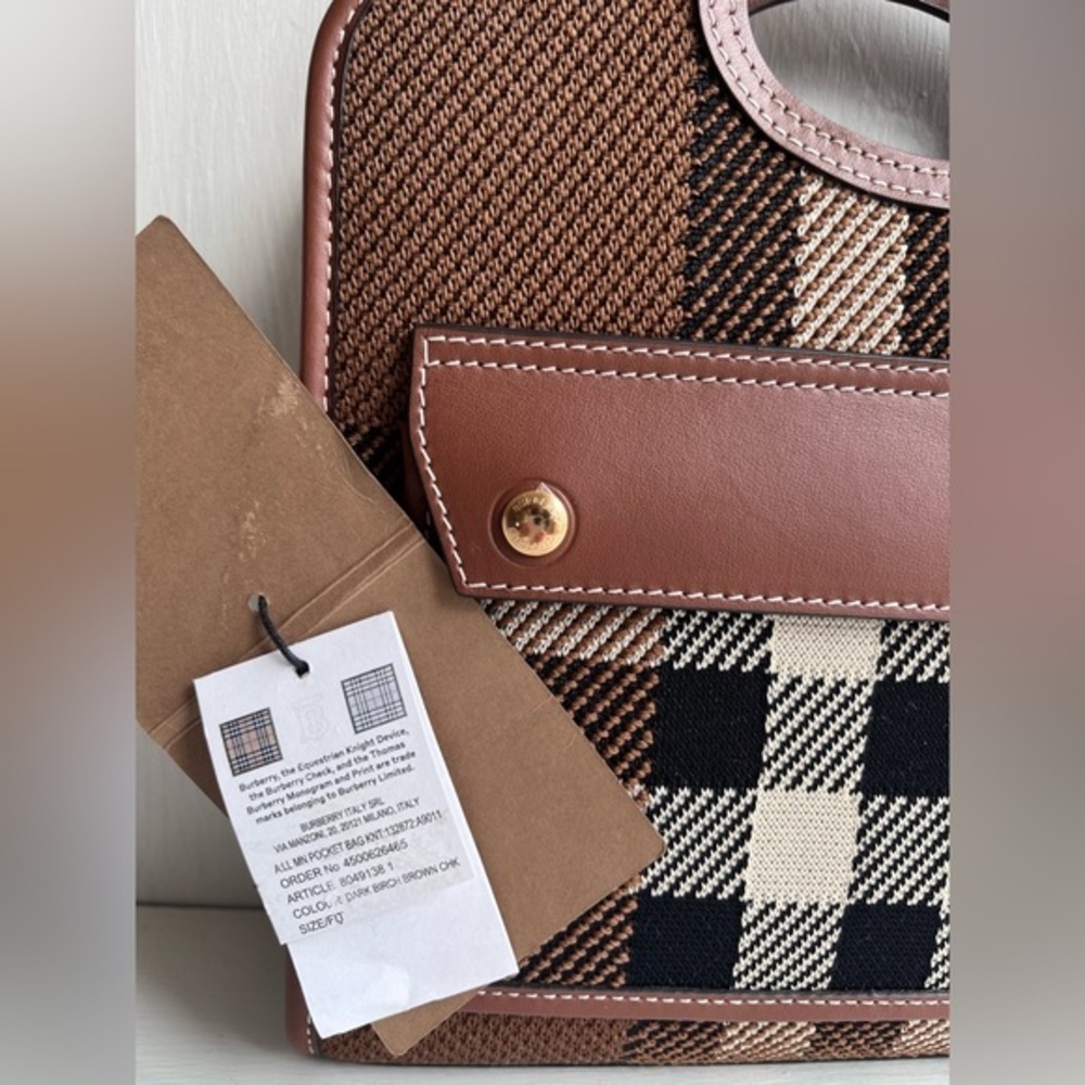 BURBERRY Mini Check Jacquard Pocket Bag- Dark Birch Brown - Picture 4 of 14